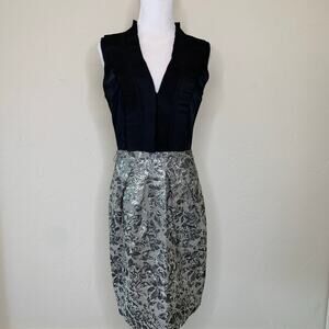 BCBGMAXAZRIA Pleat Ruffle Silver Brocade Dress Size 10